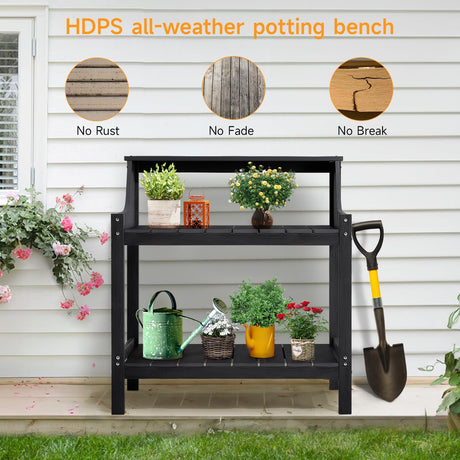ONBRILL Potting Bench Table, HDPS Potting Bench with 4 Side Hooks, All-Weather Garden Table Work Station, Outdoor Potting Table for Porch, No Rust, No Fade, No Break, 360lbs Capacity (Black, Large) ONBRILL