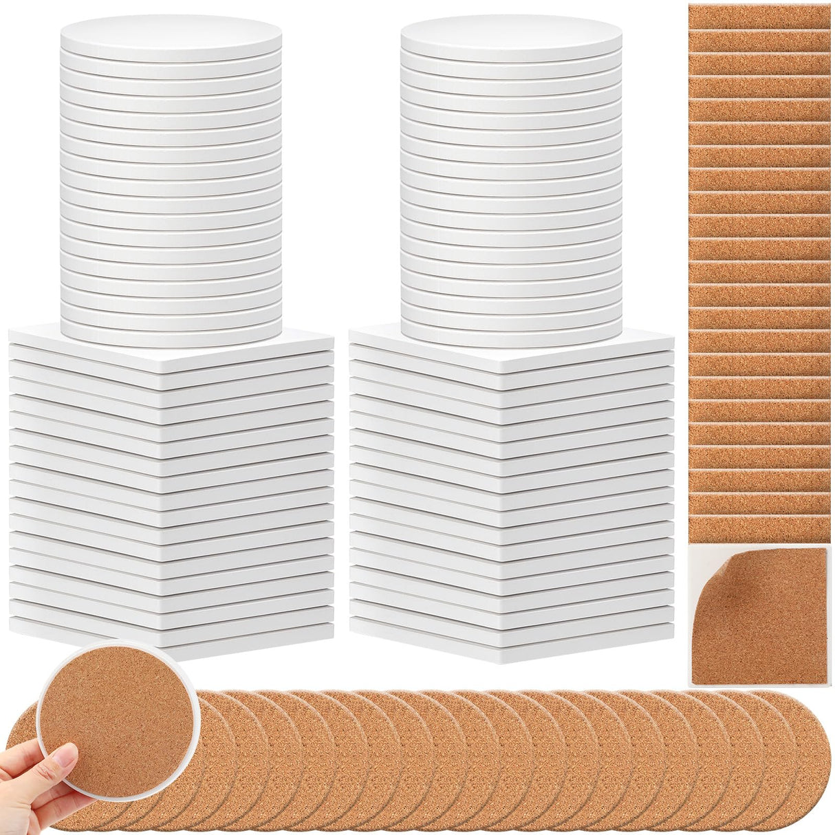 Suttmin 144 Pieces Ceramic Tiles for Crafts Coasters White Ceramic Tiles for Crafts Blank Unglazed Ceramic Tiles with Cork Backing Pads for Painting DIY Art Gift Project(Round, Square) Suttmin