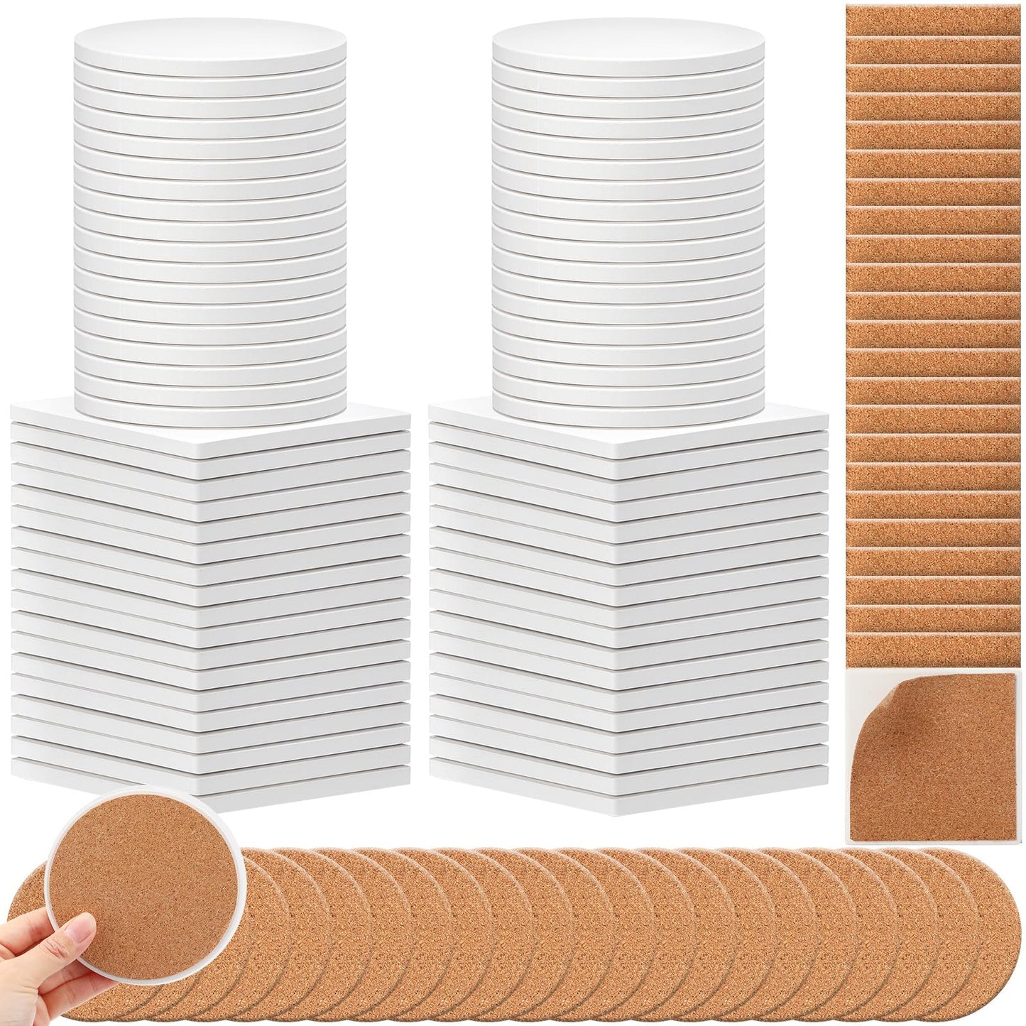 Suttmin 144 Pieces Ceramic Tiles for Crafts Coasters White Ceramic Tiles for Crafts Blank Unglazed Ceramic Tiles with Cork Backing Pads for Painting DIY Art Gift Project(Round, Square)