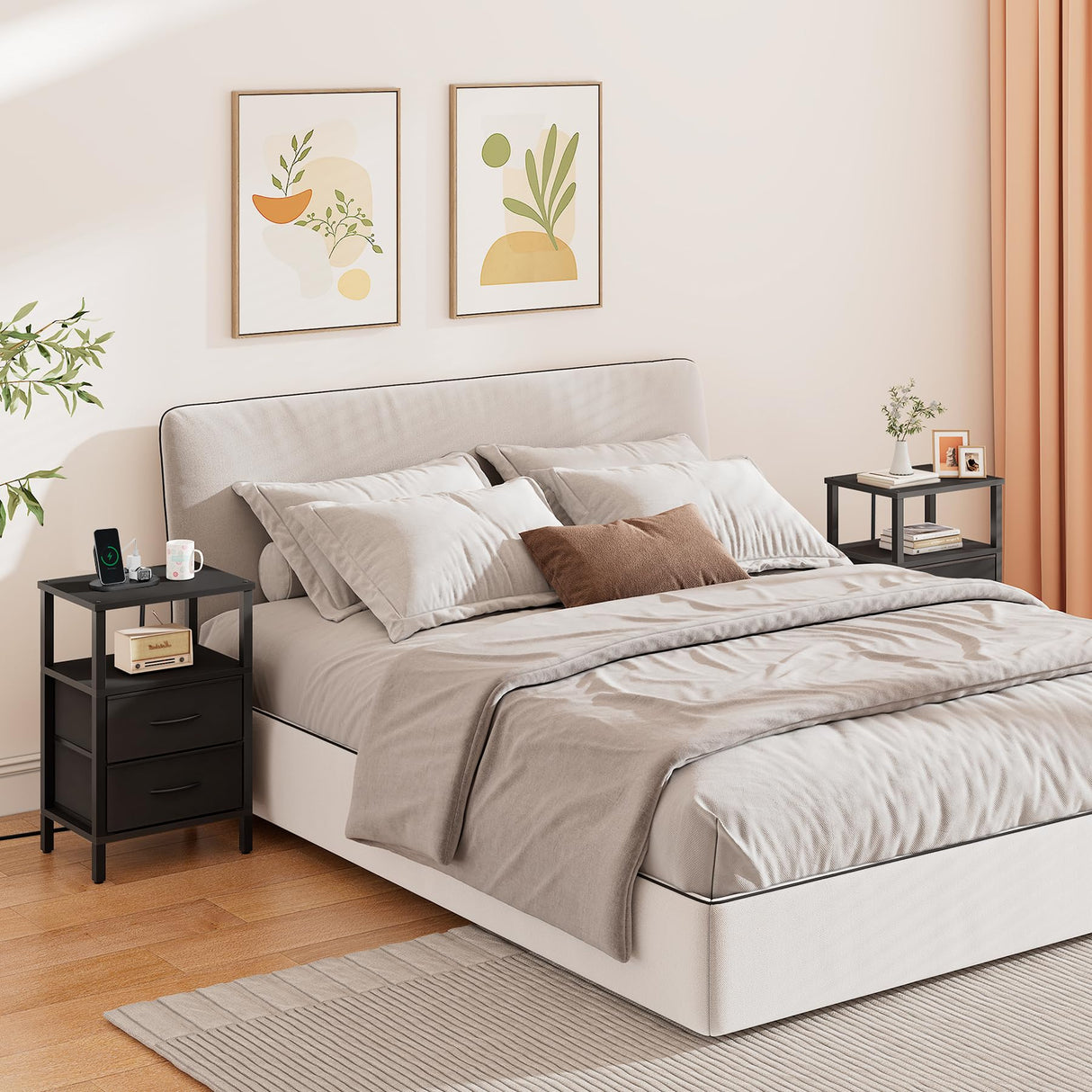 TUTOTAK End Table with Charging Station, Side Table with 1 USB & 1 USB- C type Port and Outlets, Nightstand with Cloth Drawer, Set of 2, Couch Table, Black TB01BK067 TUTOTAK