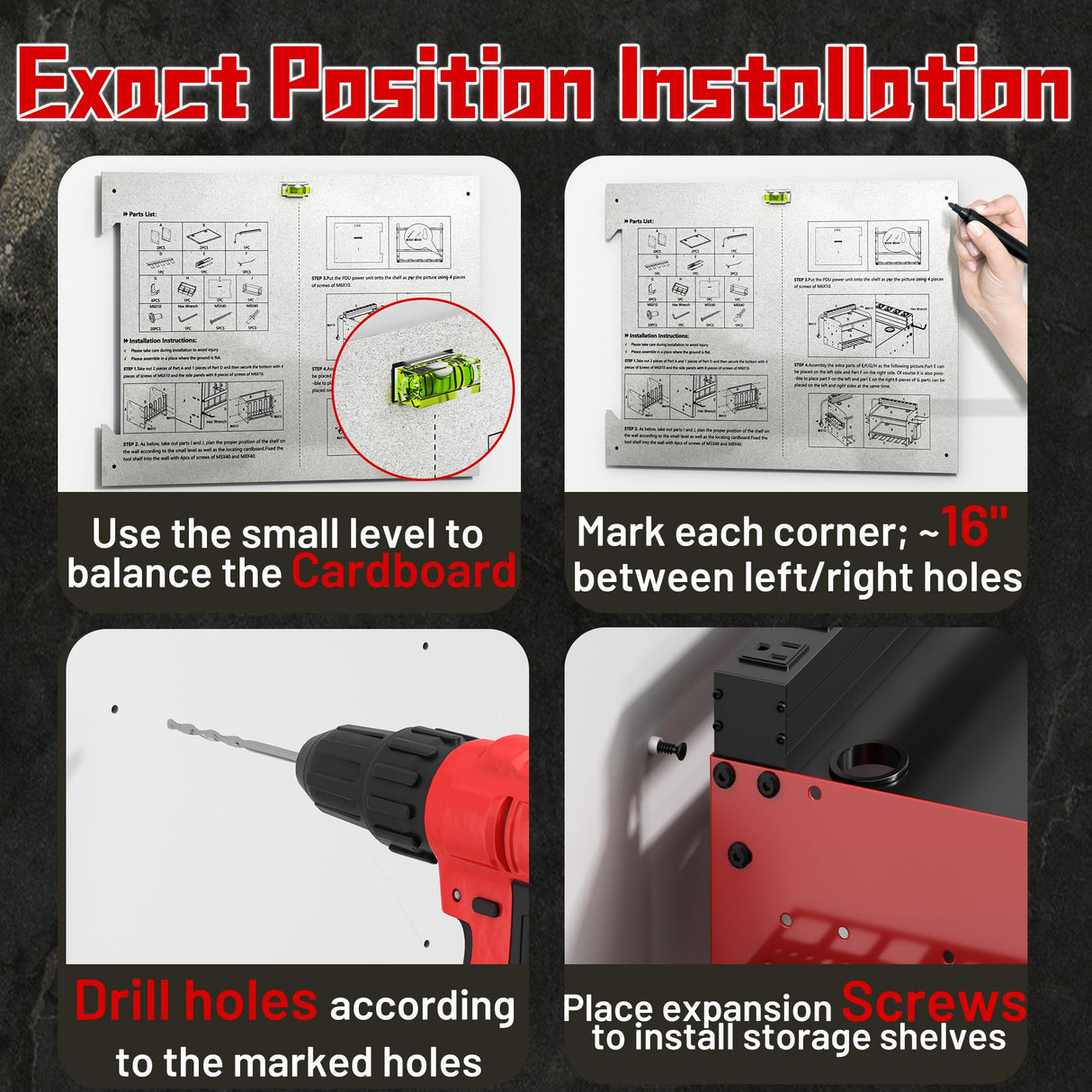 Wide Power Tool Organizer Wall Mount with Charging Station,3 Layer Adjustable Heavy Duty Tool Storage Rack 4 Drills with 8 Outlet Power Strip,Hooks,Screwdriver box,Garage Gifts for Fathers Day,Red CFMASTER