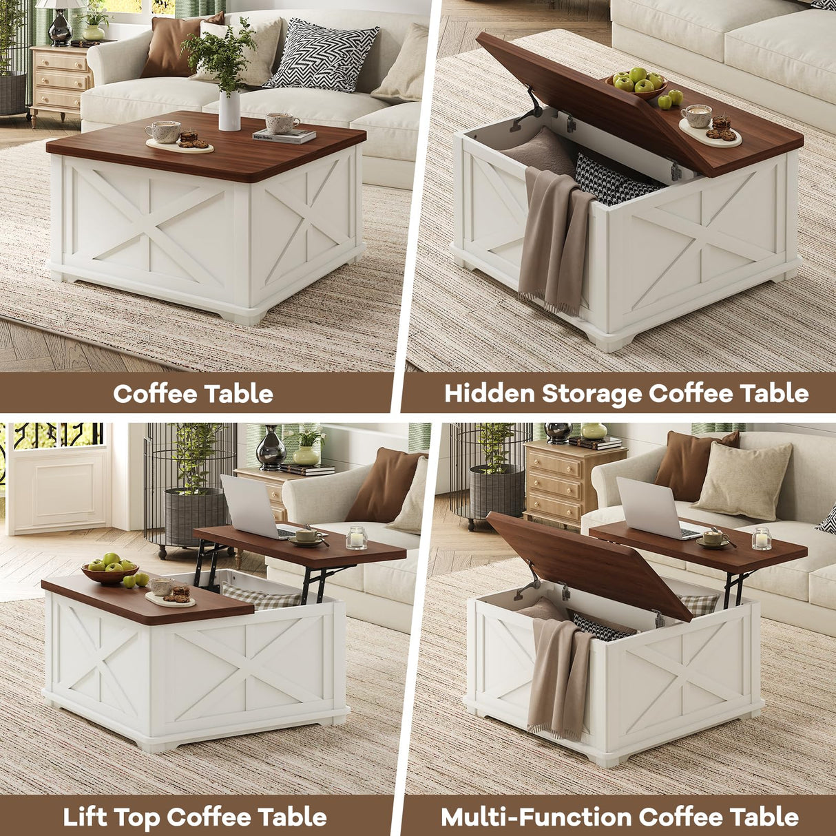 Airynee Farmhouse Coffee Table, 31.5" Lift Top Coffee Table with Storage, Square Coffee Tables for Living Room, Wooden Coffee Tables with Brown Flip-Top Lids for Home Office, White Airynee