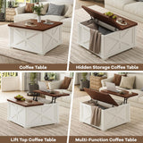 Airynee Farmhouse Coffee Table with Hydraulic Lifter, Square Coffee Table with Large Hidden Storage Compartment for Living Room, Wooden Coffee Tables with Brown Flip-Top Lids for Home Office, White Airynee