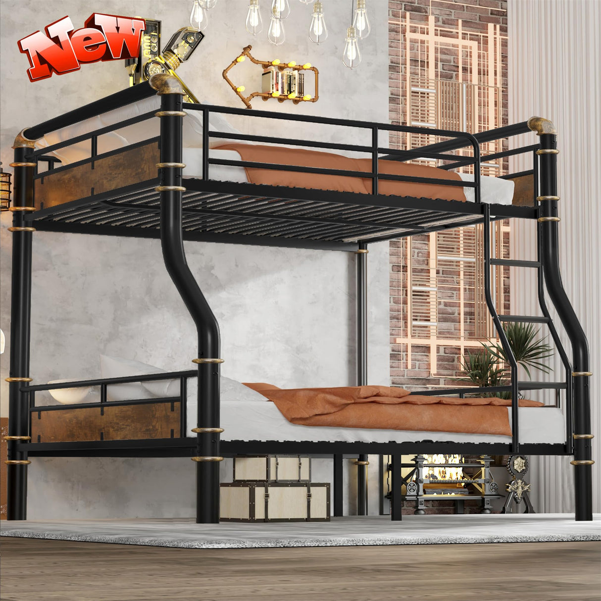 LEEKOUS Upgraded Version Thicken Metal Full XL Over Queen Bunk Bed, Best Industrial Style Heavy Duty Full Over Queen Size Bunk Bed, Convertible into 2 Beds Wood Board, Water Pipe Design for Adults LEEKOUS