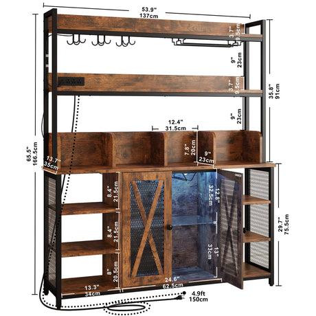 IRONCK Coffee Bar Cabinet with Power Outlet, Industrial Buffet Cabinet with LED Strip and Glass Holder, 3-Tiers Liquor Cabinet Bar for Home, Dining Room, Kitchen, Vintage Brown IRONCK