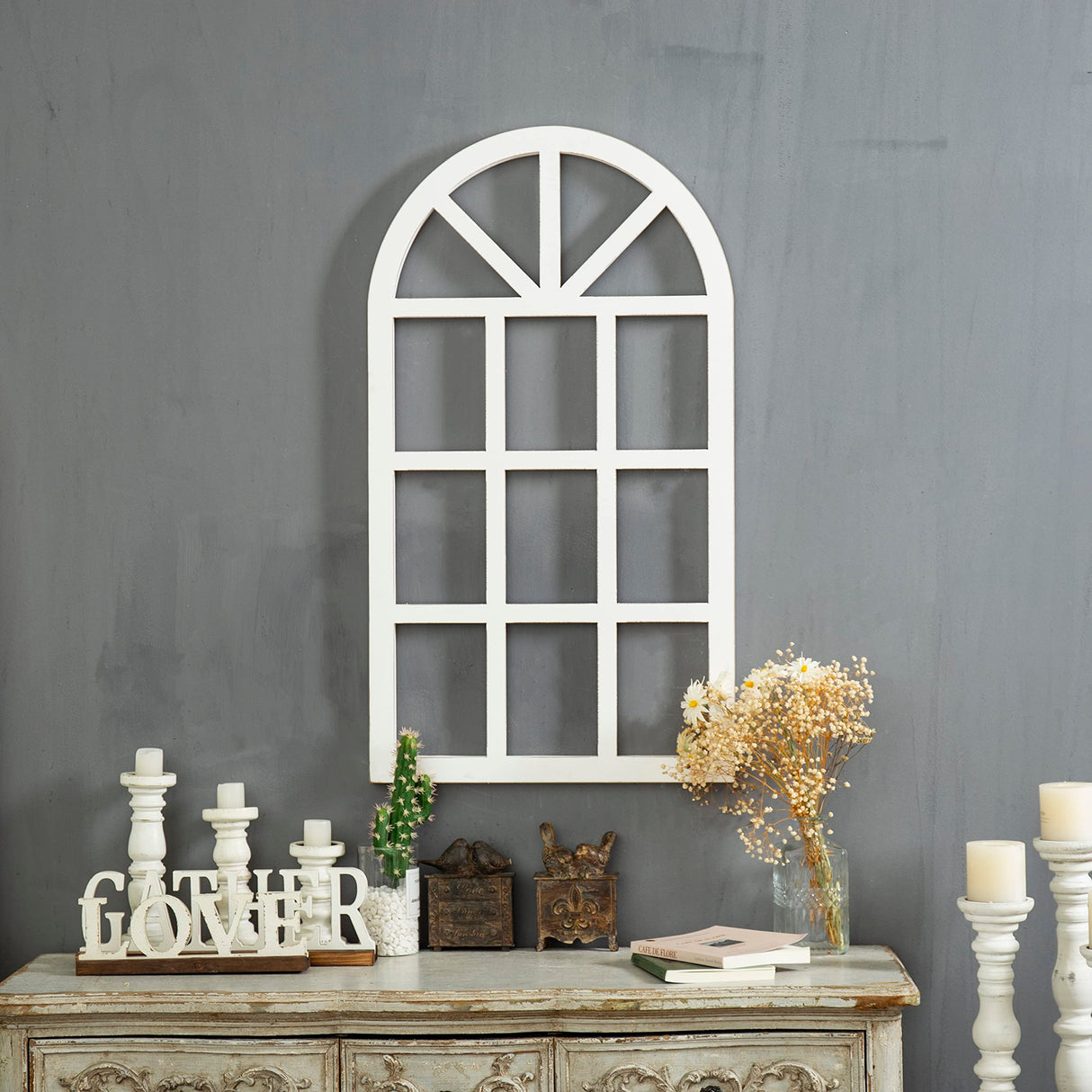 Sintosin Farmhouse Window Frame Wall Decor Living Room 36" x 20", Hanging Distressed White Rustic Arched Window Frame, Wooden Cathedral Window Frames for Wall Decor, Christmas Window Frame Decor Sintosin