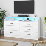 Gyfimoie 6 Drawer Dresser for Bedroom with Charging Station, Dresser with LED Light, Chest of Drawers for Closet, Modern Dressers with Open Storage Cubby, Double Wide Dressers (White, 6 Drawers) Gyfimoie