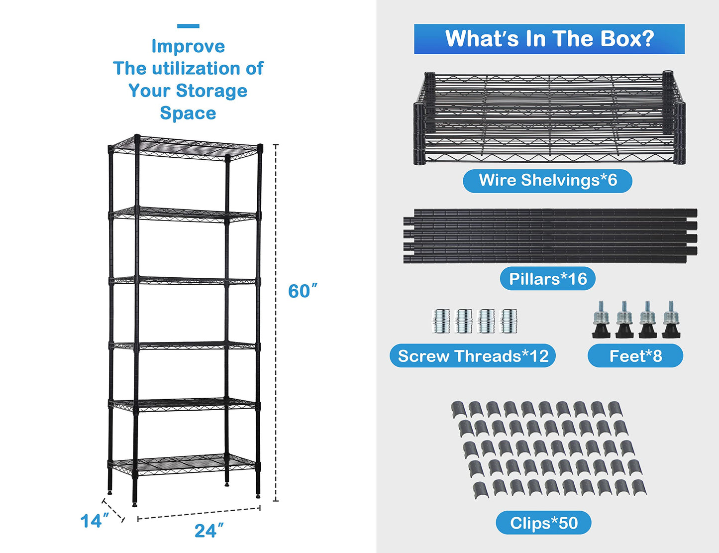 6-Tier Metal Wire Shelving Unit Snack Shelf Height Adjustable Storage Rack NSF Certified Storage Shelves 900 Lbs Capacity Standing Utility Shelf for Laundry Kitchen Pantry Garage Organization