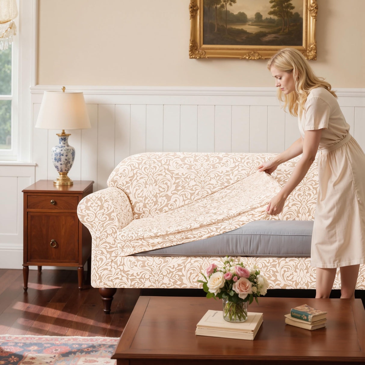 SUBRTEX 2 Piece Couch Covers, Jacquard Damask 3 Seater Sofa Cover with Seat Cushion, Stretch Sofa Slipcovers Non Slip Furniture Protector for Dogs Pets (Large, Khaki) SUBRTEX