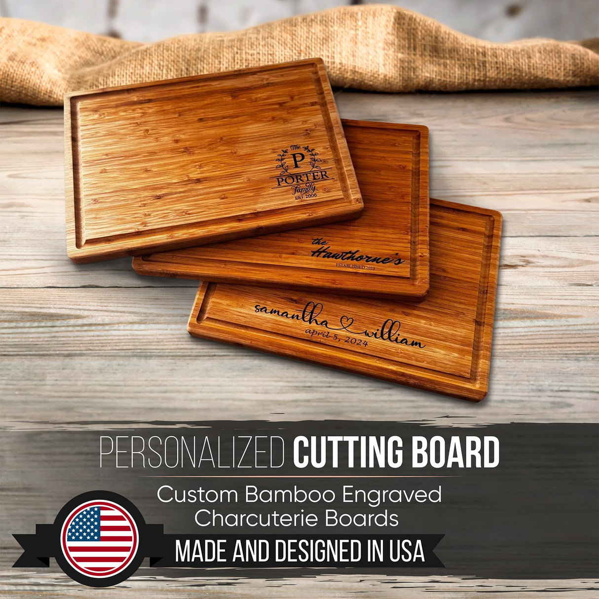 Handmade Personalized Cutting Board - Natural Bamboo Engraved Charcuterie Boards - Best Present for Wedding, Bridal Shower, Engagement, Birthday - Custom Engraved Chopping Block (Personalized) Taniri