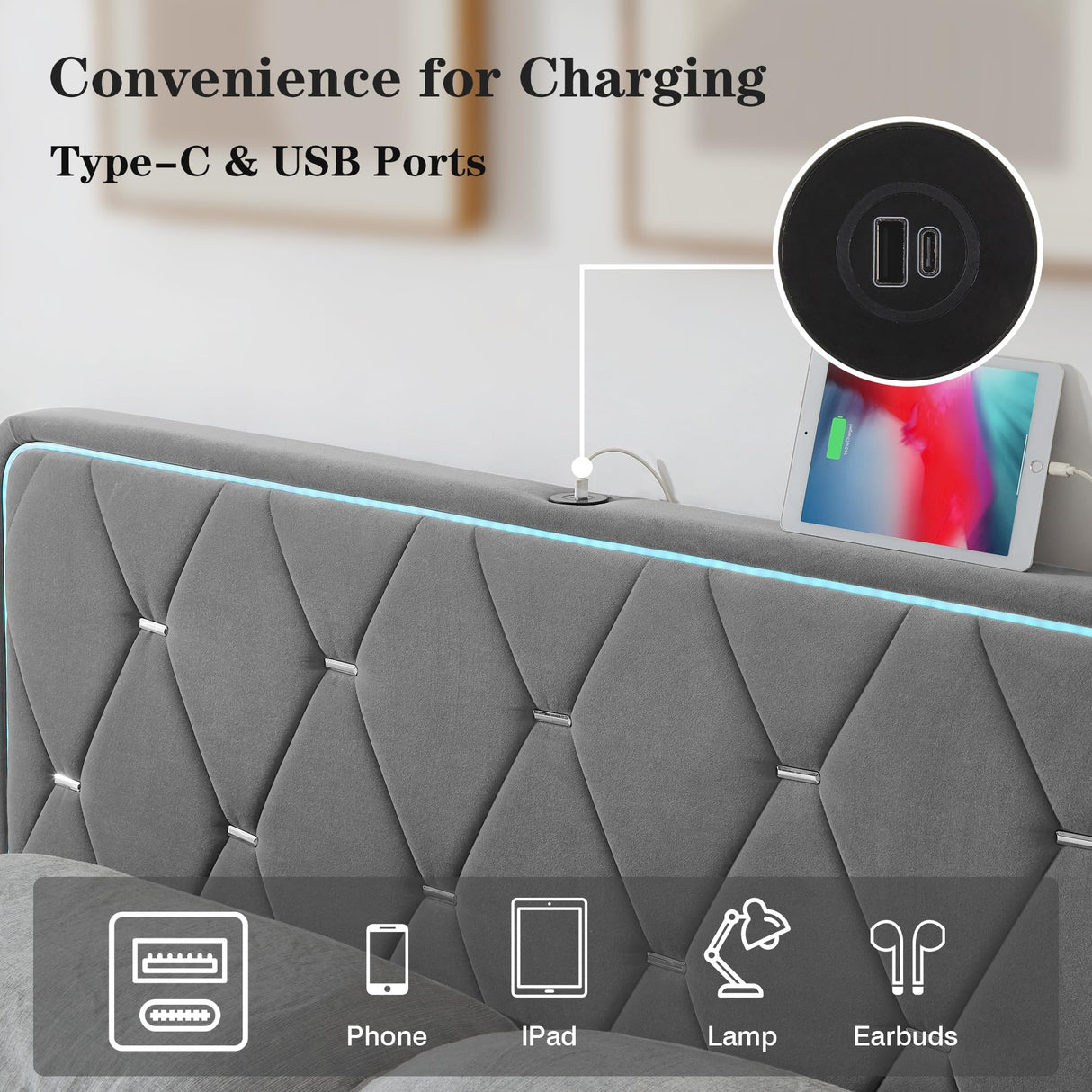 VECELO Upholstered Queen Bed Frame with Headboard Adjustable, Velvet Platform Bed with LED Lights, Charging Station, Mattress Foundation with Wooden Slats, Noise Free, No Box Spring Needed, Grey VECELO
