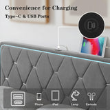 VECELO Upholstered Queen Bed Frame with Headboard Adjustable, Velvet Platform Bed with LED Lights, Charging Station, Mattress Foundation with Wooden Slats, Noise Free, No Box Spring Needed, Grey VECELO