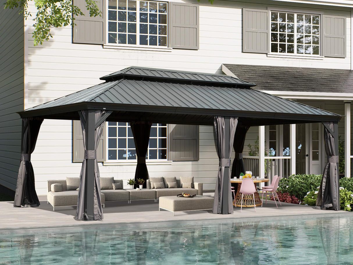 Domi 14' X 20' Hardtop Gazebo Outdoor Metal Gazebo Canopy with Galvanized Steel Double Roof, Aluminum Frame, Curtains and Netting for Patio, Deck, Garden, Grey domi outdoor living