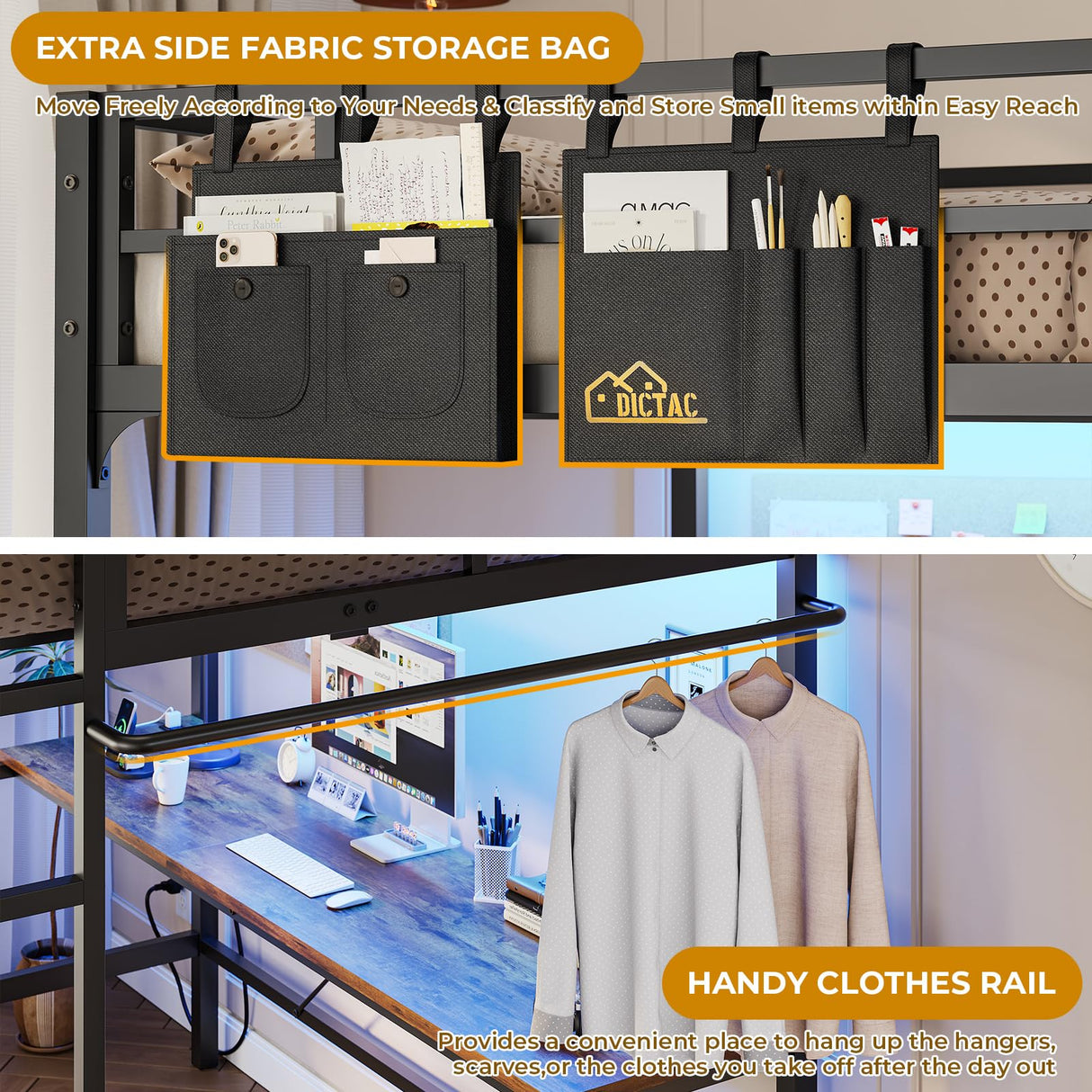 DICTAC Loft Bed Full Size with Desk and Led Lights Full Metal Loft Bed with Charging Station Full Size Metal Bed Frame with Safety Guard & Ladder, Space-Saving,No Noise,No Box Spring Needed, Black DICTAC