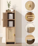 Akxomel Rattan Small Bathroom Cabinet with 2 Doors, Narrow Toilet Paper Storage Cabinet, Bathroom Organizer for Small Spaces, Wooden Slim Corner Floor Unit with Adjustable Shelves, Natural Oak Akxomel