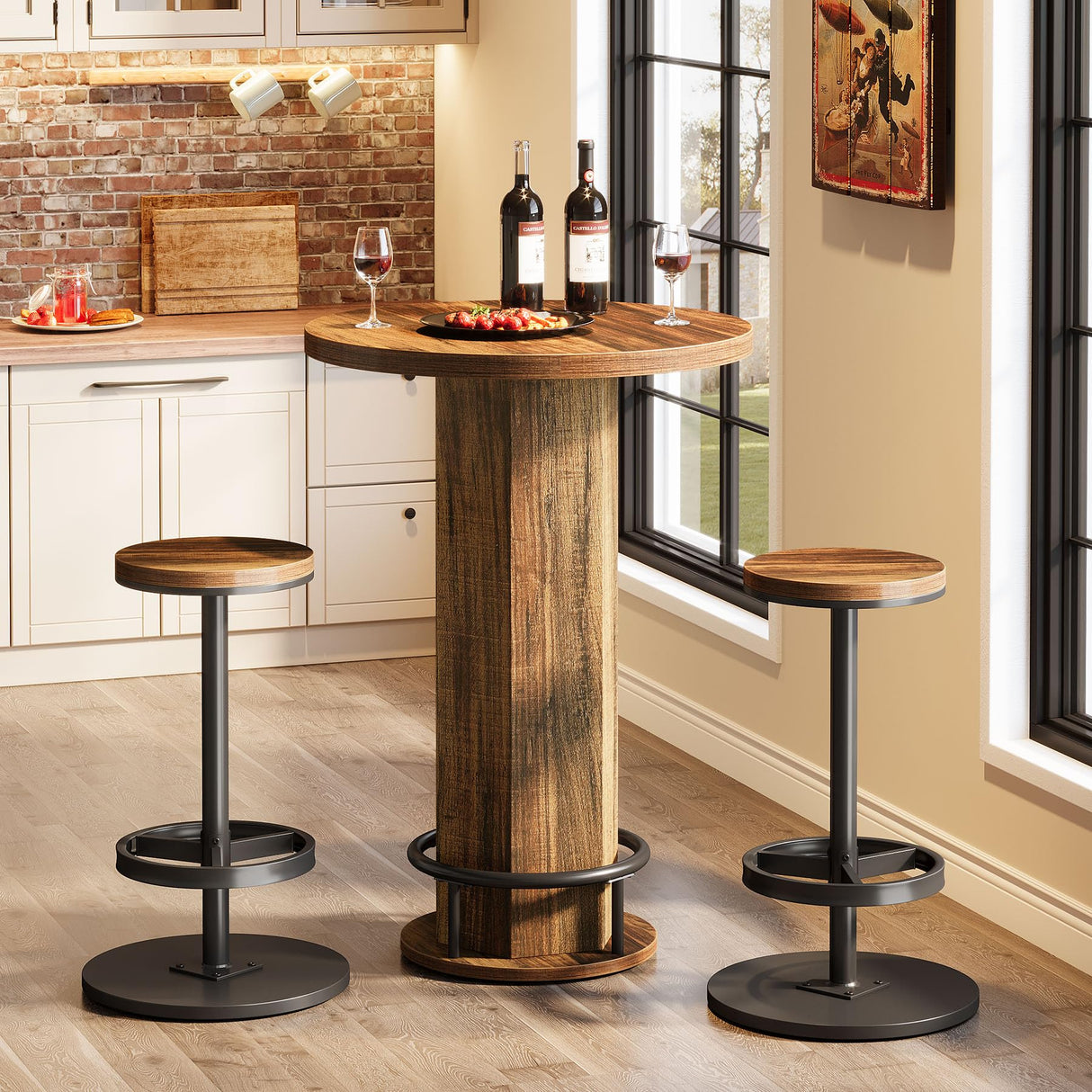 Tribesigns Round Bar Table with Chairs, Industrial Bistro Sets with 2 barstools, Pub Cocktail Table with Metal Ring Footrest for Kitchen Nook, Apartment, Small Space Tribesigns