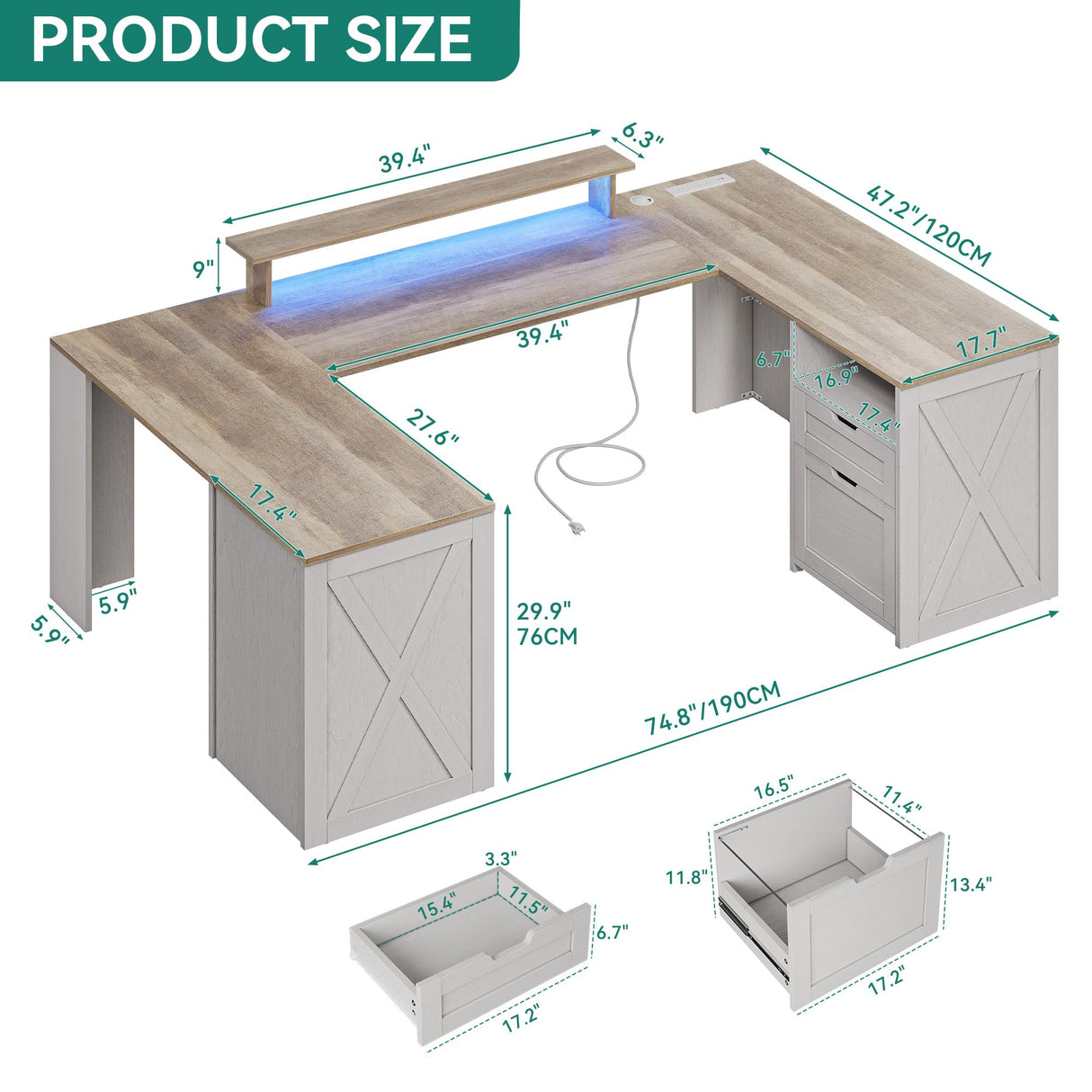 YITAHOME U Shaped Desk with Power Outlet & LED Lights, Farmhouse Computer Desk with Drawers, Wood Desk Home Office Desk with Monitor Stand & 5 Cubbies Storage Shelves, Grey Wash YITAHOME