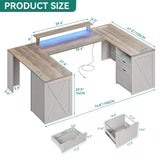 YITAHOME U Shaped Desk with Power Outlet & LED Lights, Farmhouse Computer Desk with Drawers, Wood Desk Home Office Desk with Monitor Stand & 5 Cubbies Storage Shelves, Grey Wash YITAHOME