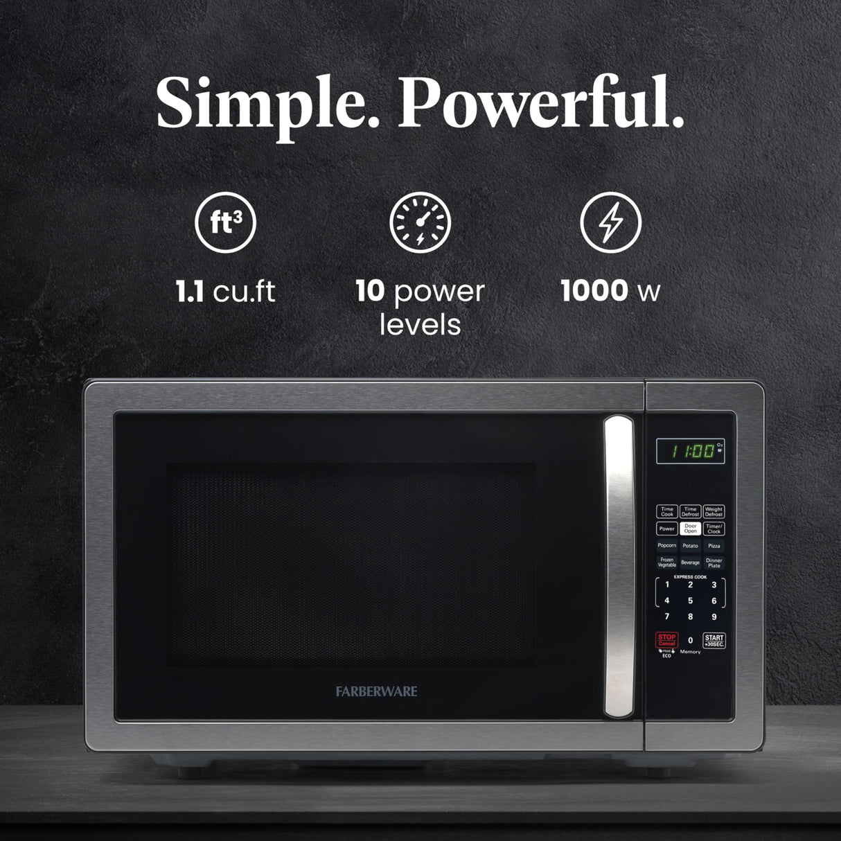 Farberware FMO11AHTBKBD1 Countertop 1000 Watts Microwave Oven with LED Lighting and Child Lock-Perfect for Apartments and Dorms-Easy Clean, 1.1 Cu. Ft, Stainless Steel Farberware