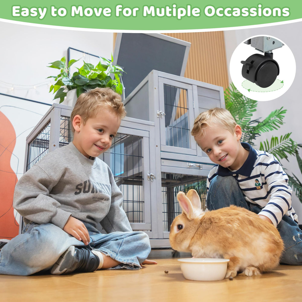 Rabbit Hutch Indoor Outdoor Bunny Cage 39" L Large 2-Story Wooden Small Animal House Enclosure with Wheels, 2 Removable Trays, Waterproof Openable Roof, Grey COZIVVOVV