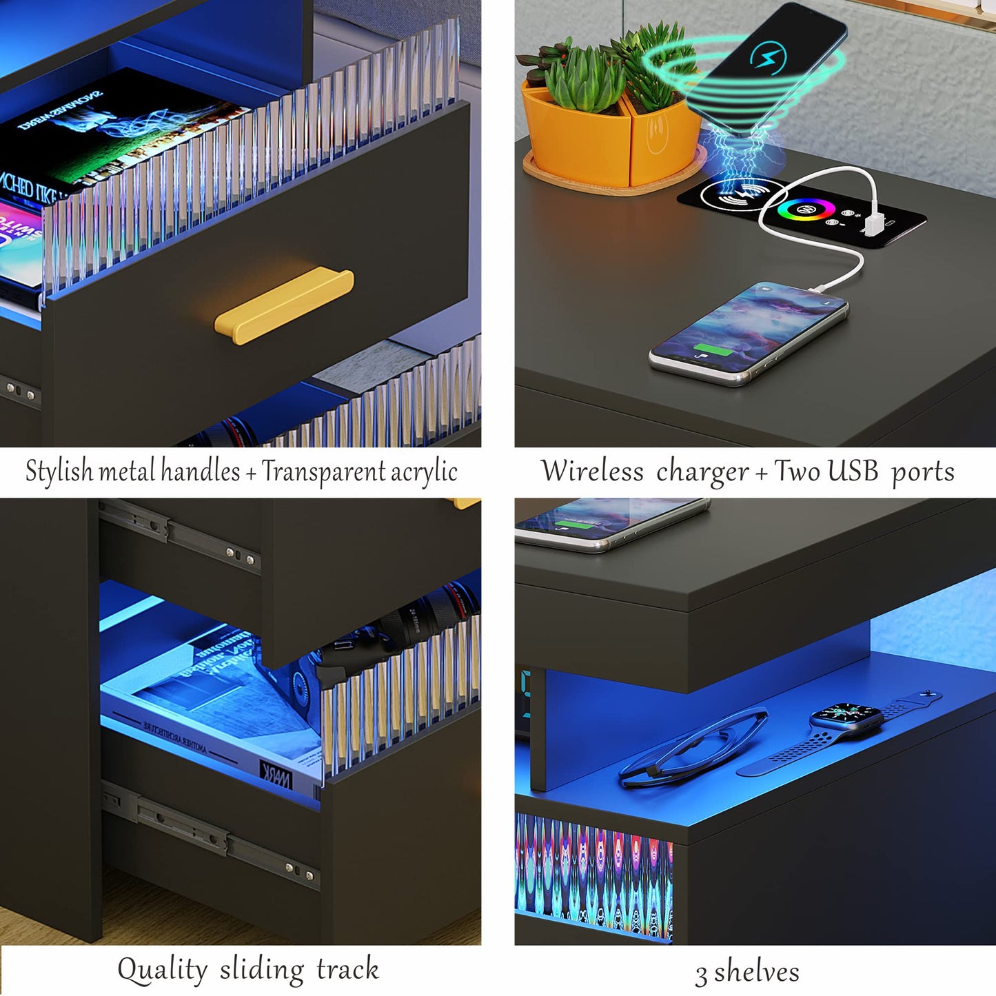 Black Night Stand with Charging Station: All in One Nightstand with Drawers Bedside Table with LED Light & Human Sensor Design Modern End Table for Bedroom Livingroom Office - WoodArtSupply