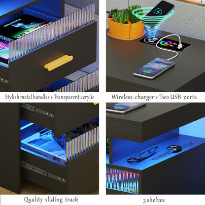 Black Night Stand with Charging Station: All in One Nightstand with Drawers Bedside Table with LED Light & Human Sensor Design Modern End Table for Bedroom Livingroom Office - WoodArtSupply