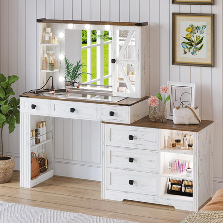 TAGELIER Farmhouse Vanity Desk Set with Mirror and Lights, Makeup Vanity Table with 6 Drawers/Large Storage, White Dressing Table 3 Colors Adjustable Lighting Brightness & Charging Station for Women TAGELIER