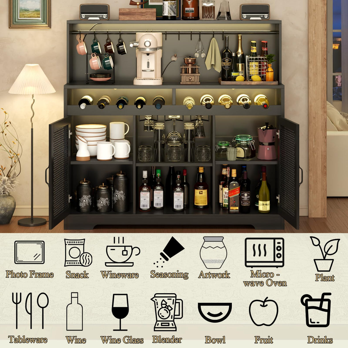 Loomie Wine Bar Cabinet with LED Light, Liquor Cabinet with Glass Holder, Coffee Bar Cabinet for Liquor, Storage Buffet Cabinet with Wine Racks, Wine Cabinet with Mesh Door (Black) Loomie