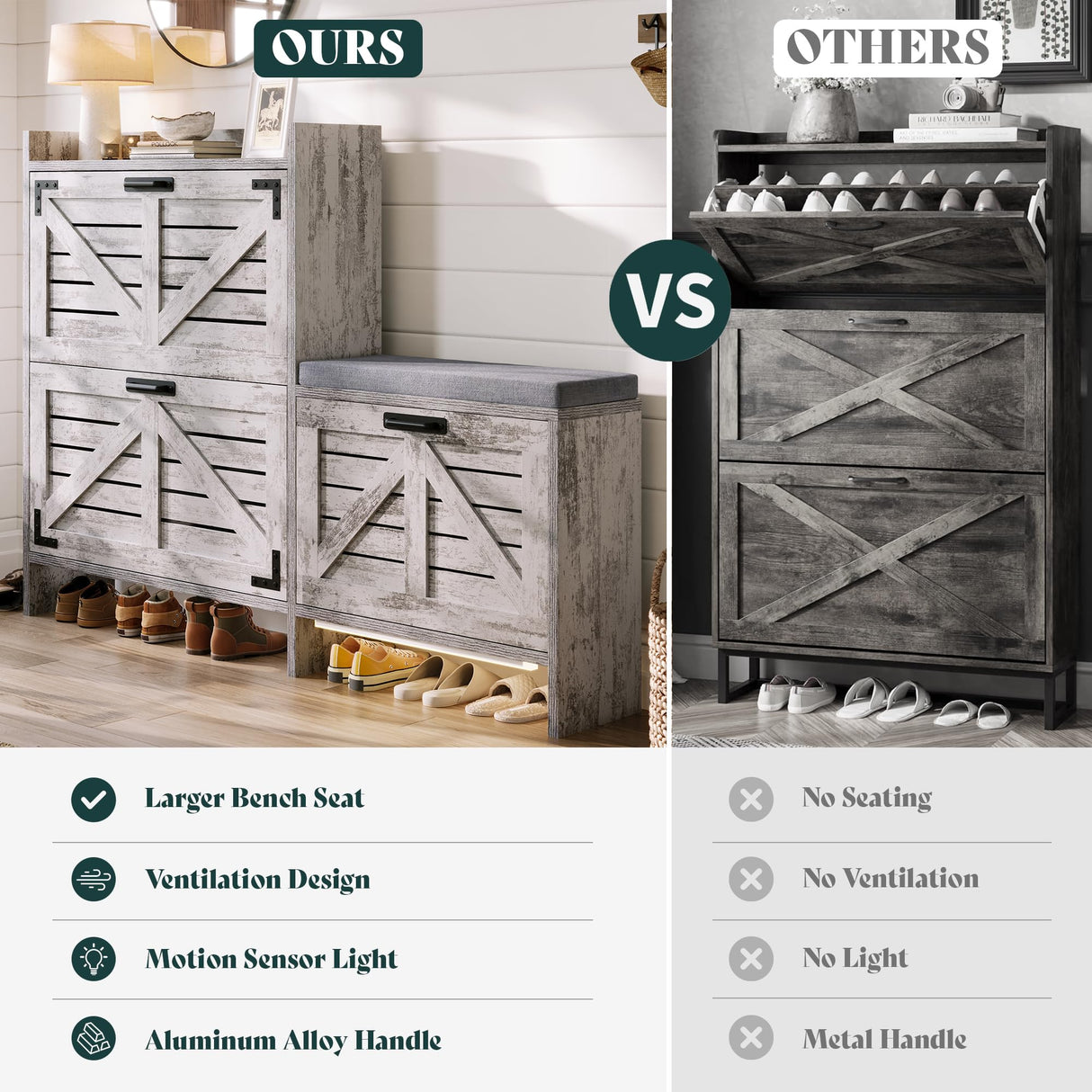 AMERLIFE Farmhouse Entryway Shoe Storage Bench with USB Motion Sensor Light, Flip Drawers & Cushioned Seat, Narrow Hallway Shoe Cabinet for Small Space, Rustic White AMERLIFE