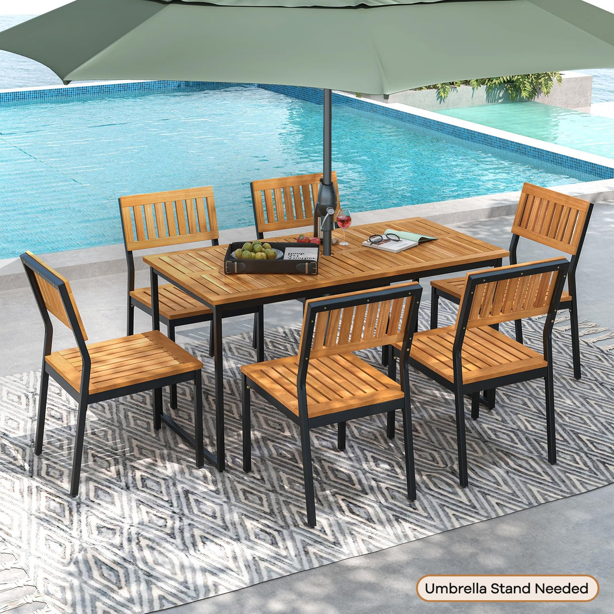 Tangkula 7 Piece Outdoor Dining Set for 6, Acacia Wood Rectangular Dining Table & 6 Armless Chairs w/Metal Frame, Umbrella Hole, Farmhouse Dining Furniture Set for Garden Porch Poolside Tangkula