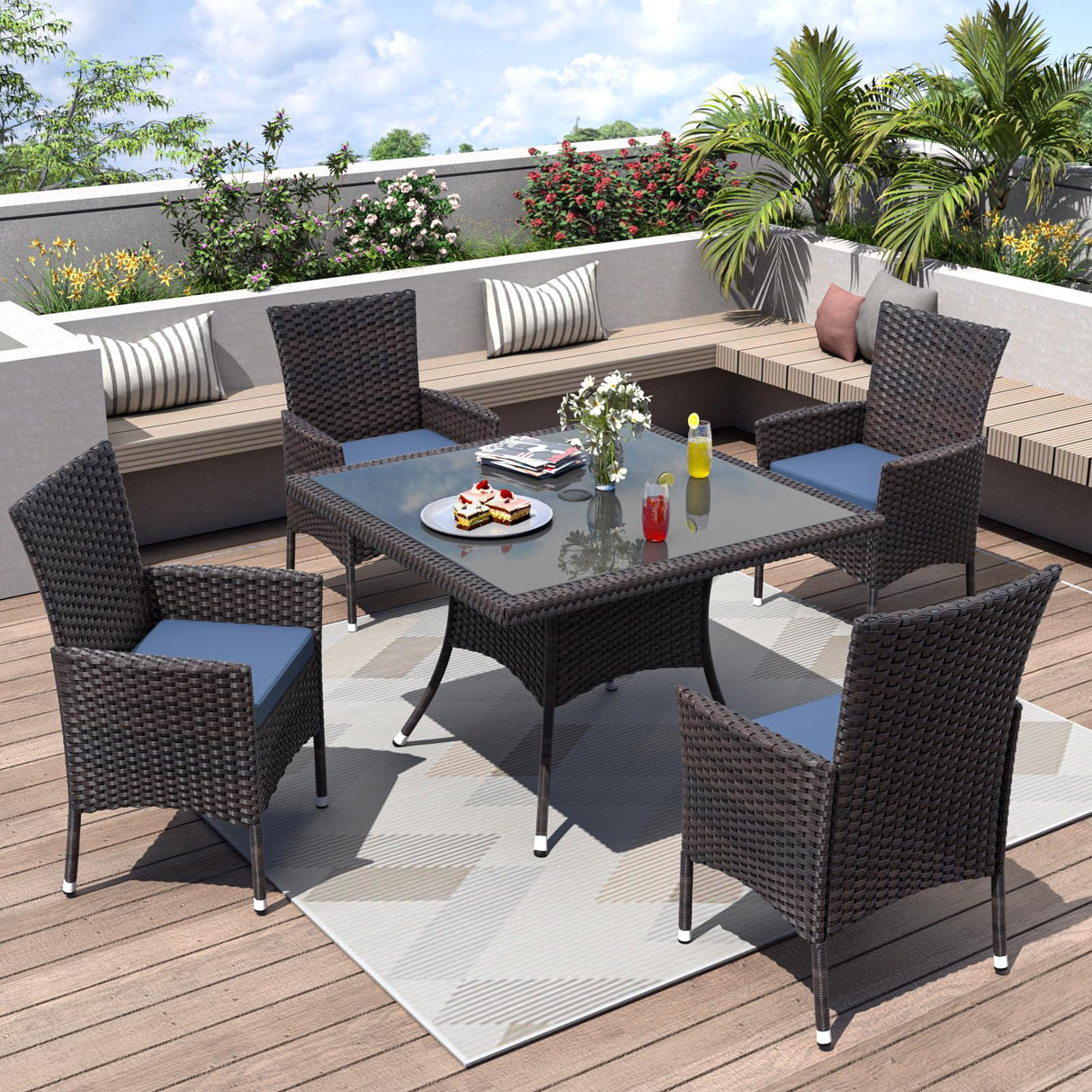 ALAULM 5 Piece Patio Dining Set All-Weather Wicker Outdoor Patio Furniture Set w/Tempered Glass Tabletop, Removable Cushions and Umbrella Hole for Patio, Backyard, Garden, Poolside（Dark Blue） ALAULM