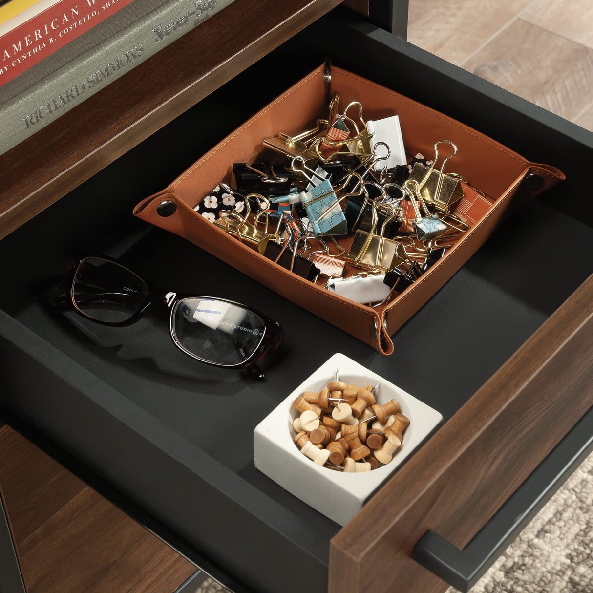 Sauder Nova Loft Single Ped Desk, L: 48.74" x W: 24.96" x H: 29.53", Grand Walnut Finish Sauder