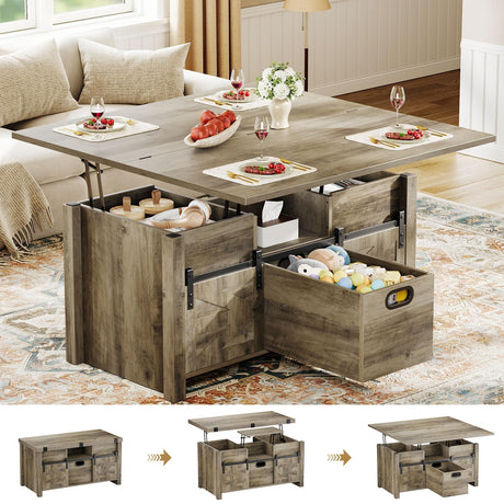 Memobarco 40" Farmhouse Lift Top Coffee Table with Sliding Barn Door,4 in 1 Multi-Function Coffee Tables with Storage Drawers & Hidden Compartment,Converts to Dining Table for Living Room,Grey Memobarco