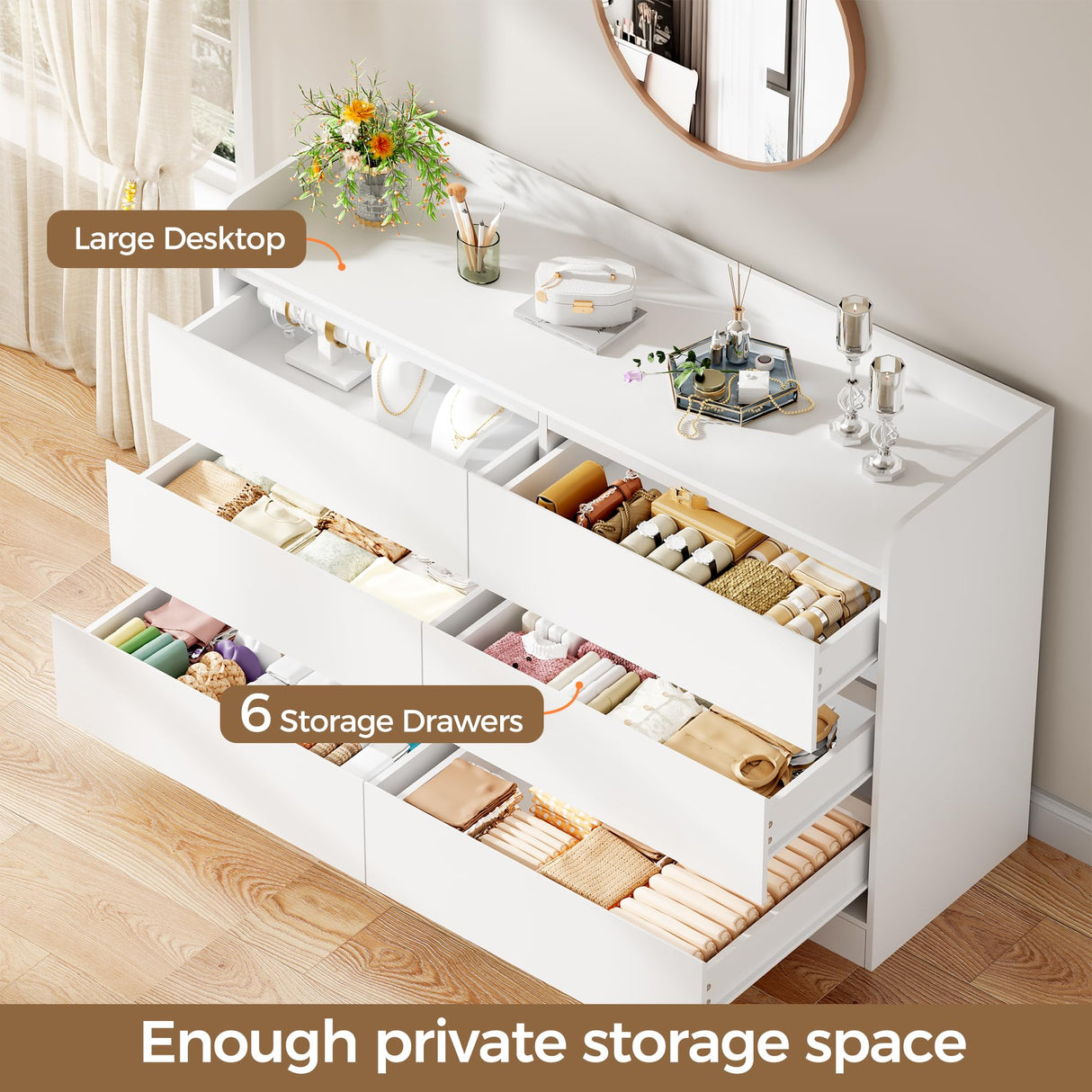 BEWISHOME White Dresser for Bedroom, 6 Drawer Dresser Chest of Drawers, Wood Dressers for Closet, Wide Modern Dressers with Fence for Living Room, Hallway, Entryway, TV Stand, White KCG04W BEWISHOME