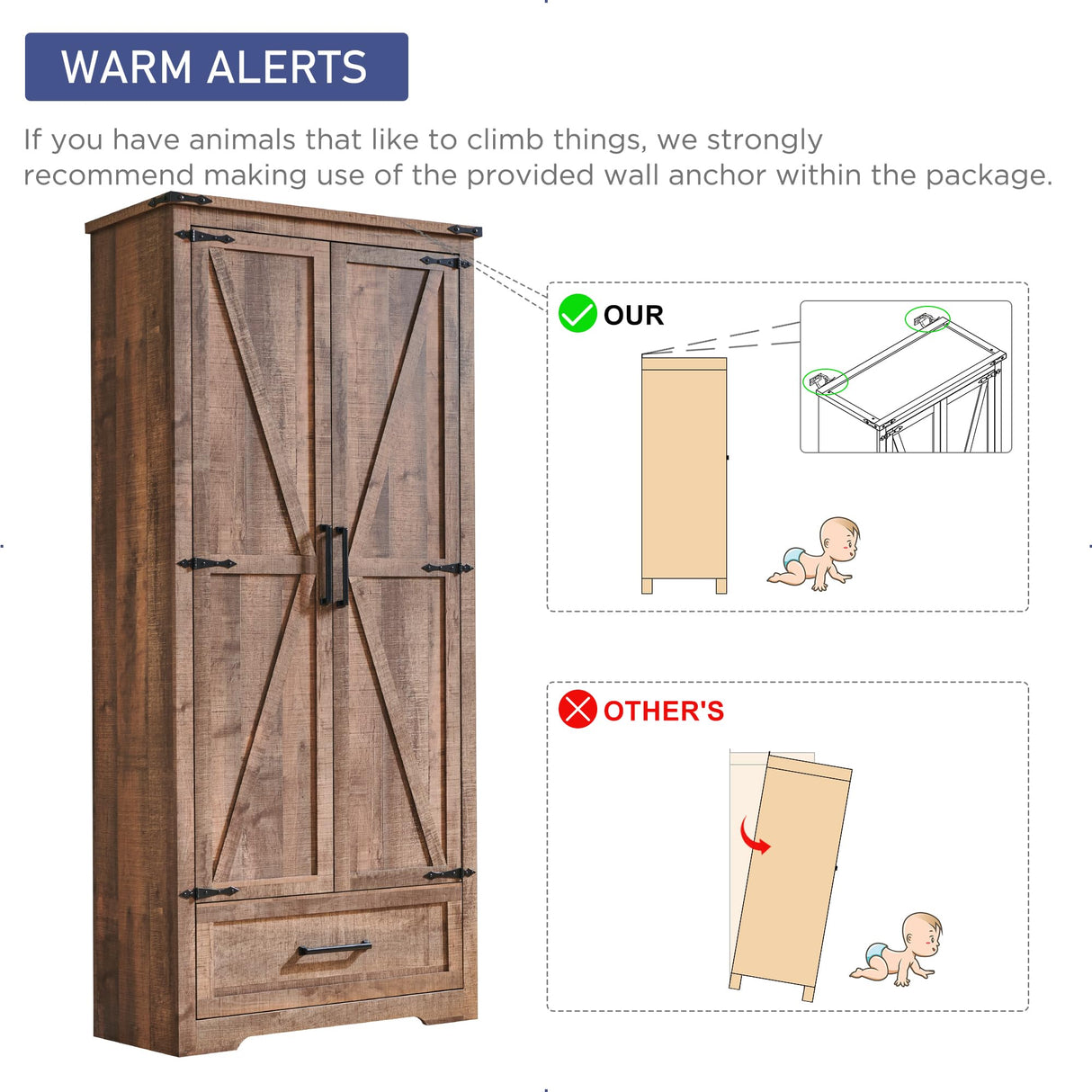 Farmhouse Kitchen Pantry Cabinet - 72" Tall Wood Kitchen Storage Cabinets with Adjustable Shelves & 2 Barn Doors & Drawer, Versatile Storage for Dining Room, Bathroom, Utility Room, Light Brown JXQTLINGMU