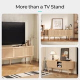 LINSY HOME TV Stand for 65" TV, Mid-Century Modern 58" Entertainment Center with Sliding Tambour Door and Storage Cabinet, Cruved TV Media Console Table for Living Room, Bedroom, Oak LINSY HOME
