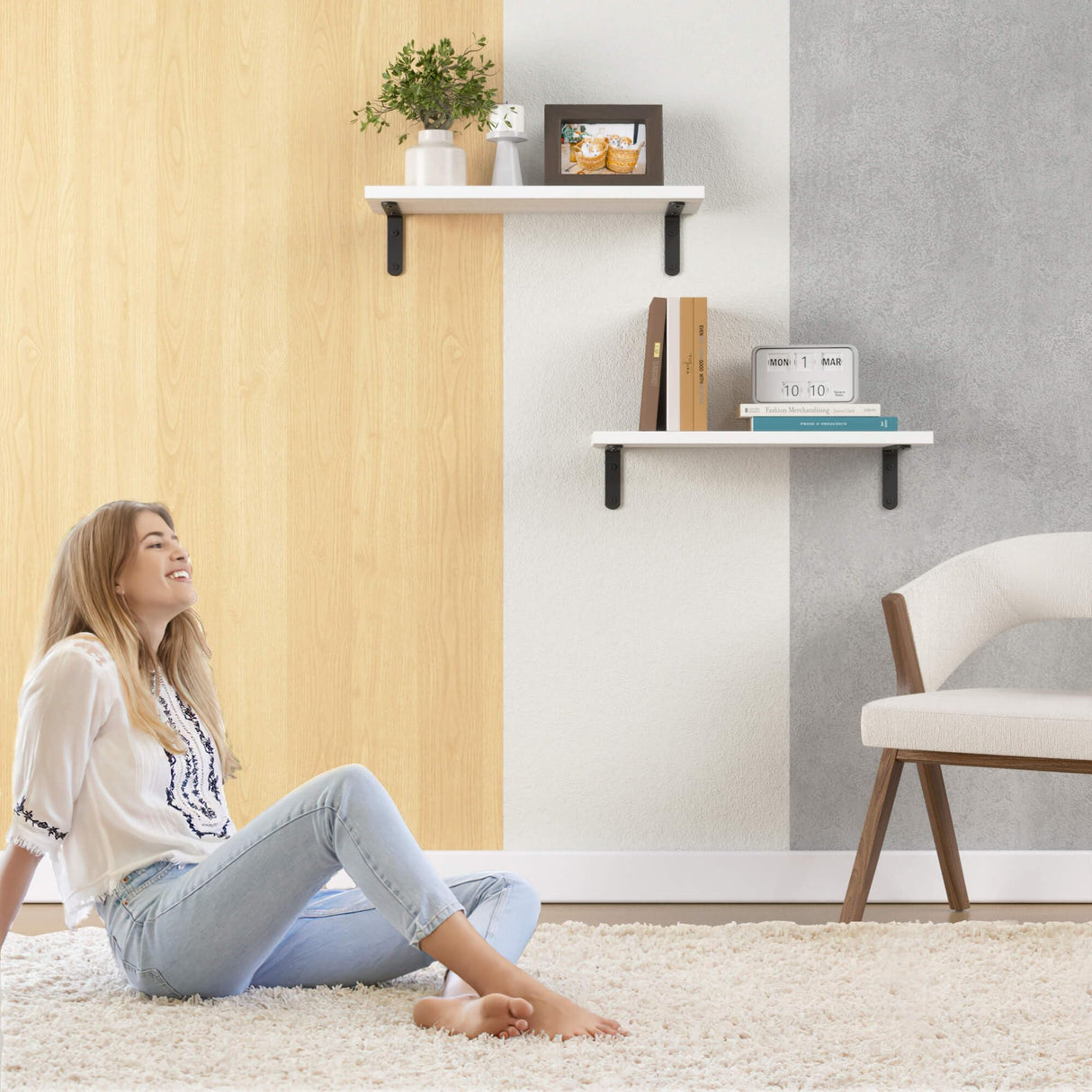 RICHER HOUSE Floating Wall Shelves, Rustic Wood Bathroom Shelves Set of 2, Farmhouse Style Shelf for Décor, Hanging Bedroom, Storage, Kitchen, Living Room - White RICHER HOUSE