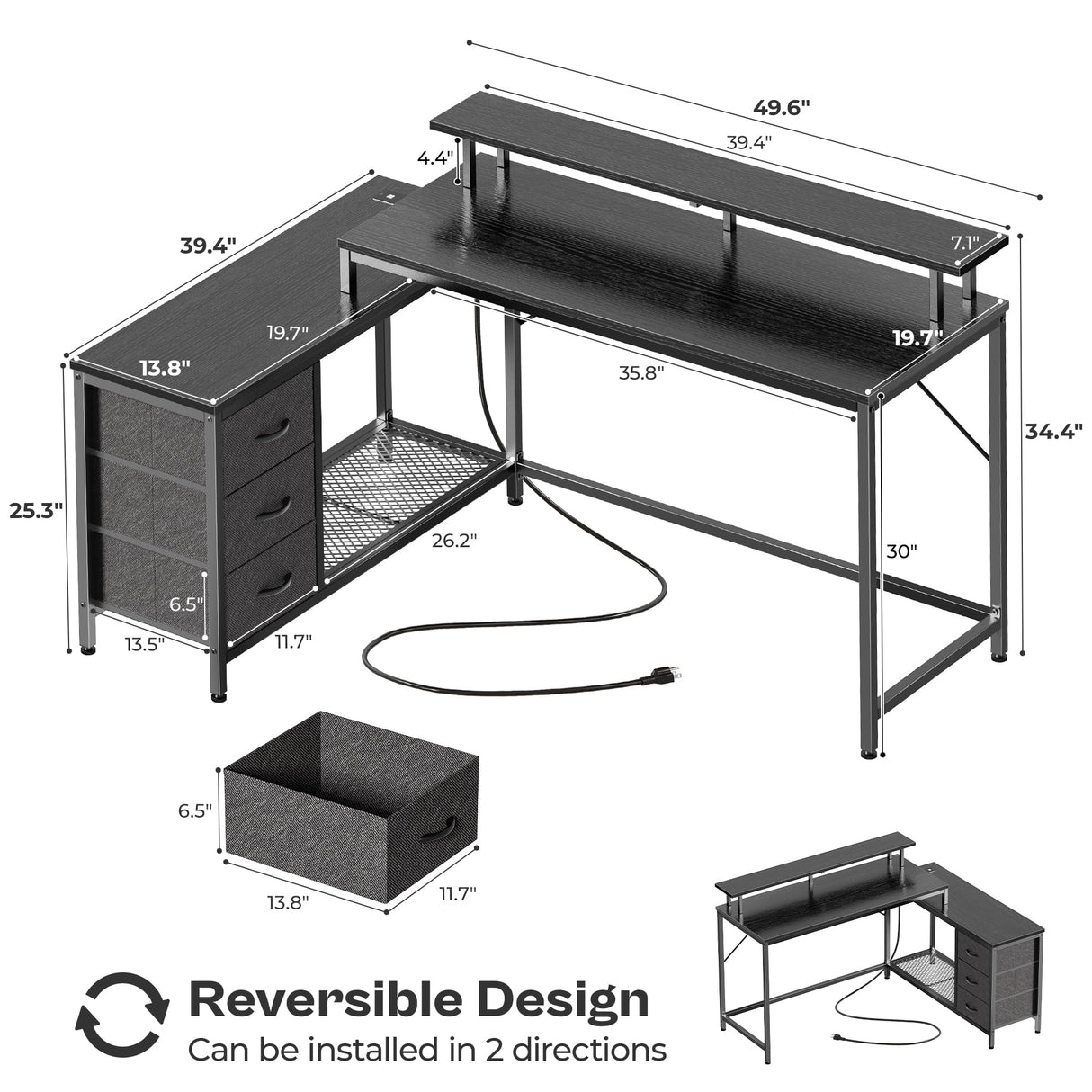 Huuger Reversible L-Shaped Gaming and Office Desk with LED Lighting, Power Outlets, and Drawers in Black Huuger