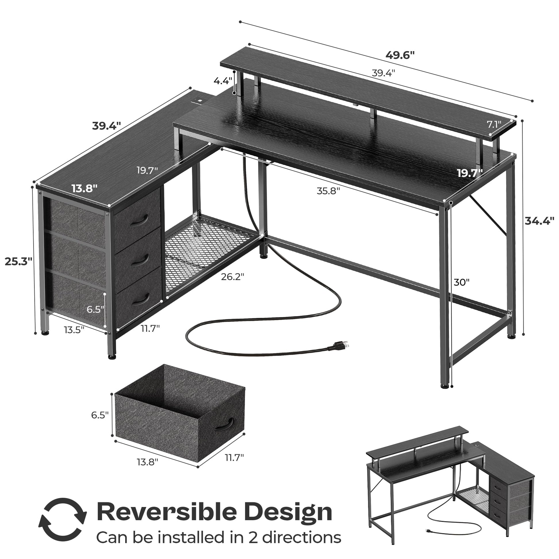 Huuger Reversible L-Shaped Gaming and Office Desk with LED Lighting, Power Outlets, and Drawers in Black - WoodArtSupply