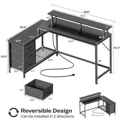 Huuger Reversible L-Shaped Gaming and Office Desk with LED Lighting, Power Outlets, and Drawers in Black - WoodArtSupply