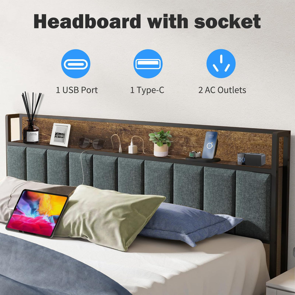 Full Size Bed Frame with Headboard Storage LED Bed with Sliding Drawers and Charging Station, No Box Spring Needed, Thickened Metal Slats, Easy Assembly Yeeloon