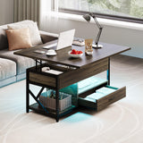 ONBRILL Coffee Table, 40" Lift Top Coffee Table with Drawers & LED Light for Living Room, Coffee Table with Hidden Compartment & 2 Open Shelves for Dining Reception Room, Black ONBRILL