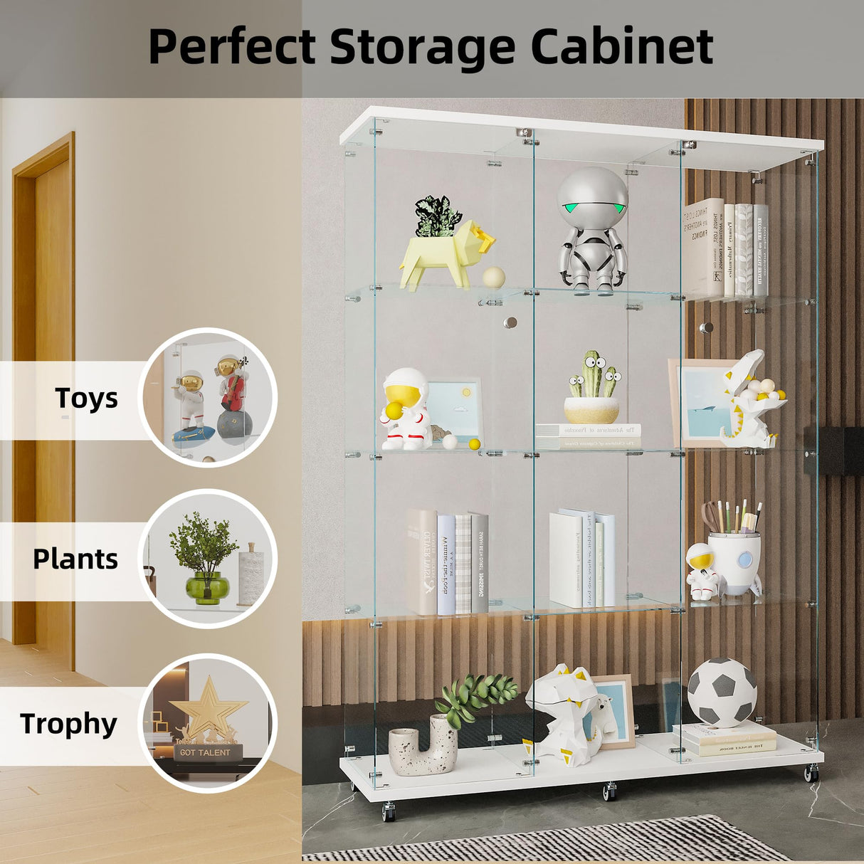 Fulocseny 66'' Glass Display Cabinet 4-Shelf with 2 Door Clear, Modern Extra Large Curio Cabinet Case Collection Display with Wheels, Floor Standing Bookshelf for Living Room Home Office (White) Fulocseny