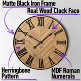 Large Wall Clock 24" Round - Silent Metal & Wood Large Clock - Farmhouse Wall Clock Large - 24 Inch Wall Clock For Living Room Decor - Big Wall Clock Roman Numerals - Wall Clocks For Living Room Decor HB Design Co.