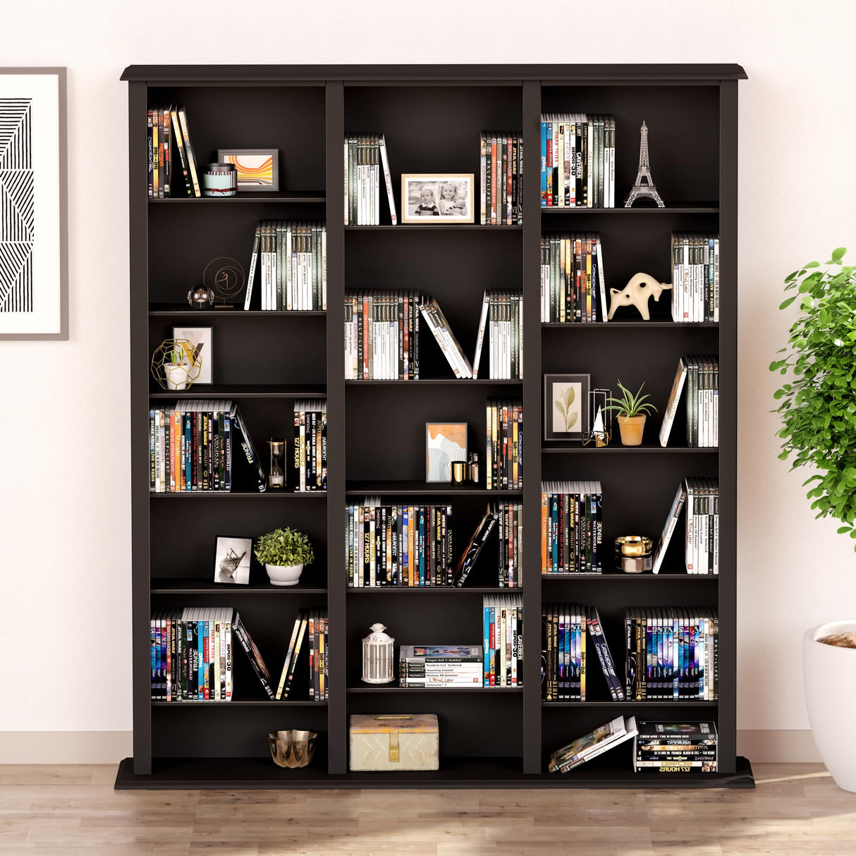 Prepac Barrister 3 Column Tall Storage Cabinet, Black Storage Cabinet with 27 Adjustable Shelves Display DVD for Living Room, 9.5" D x 57" W x 63.75" H Prepac