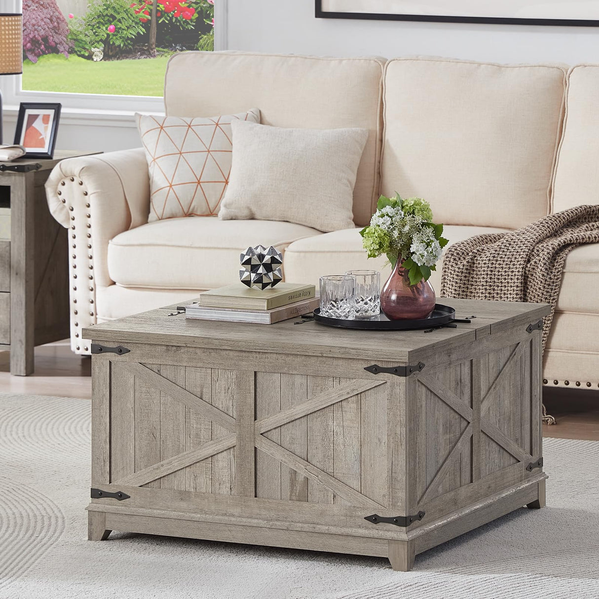 Joaxswe Farmhouse Coffee Table with Hidden Storage Organizer, Modern Square Large Center Table, Wood Farm House Low Rustic Light Oak Living Room Tables with Hinged Lift Top for Home, Office Joaxswe