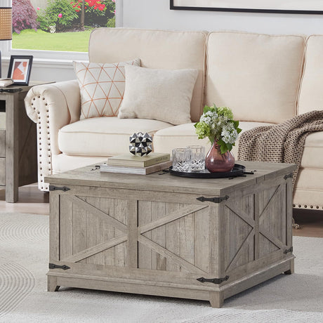 Joaxswe Farmhouse Coffee Table with Hidden Storage Organizer, Modern Square Large Center Table, Wood Farm House Low Rustic Light Oak Living Room Tables with Hinged Lift Top for Home, Office Joaxswe