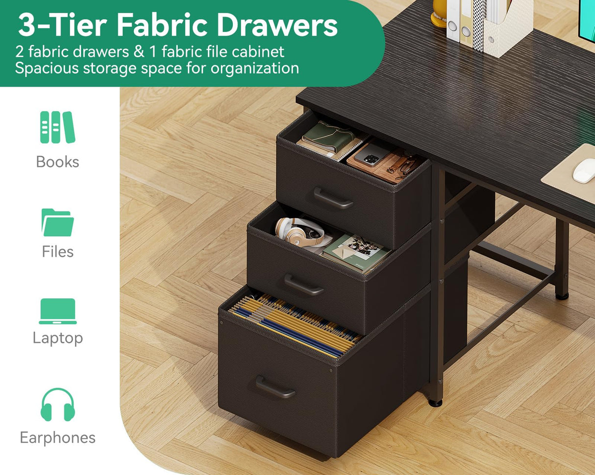 AODK 51 Inch Computer Desk with Fabric Drawers & USB Power Outlets, Reversible Home Office Desk with Storage Shelves, Work from Home, Modern Work/Writing/Study Table for Bedroom, Black AODK