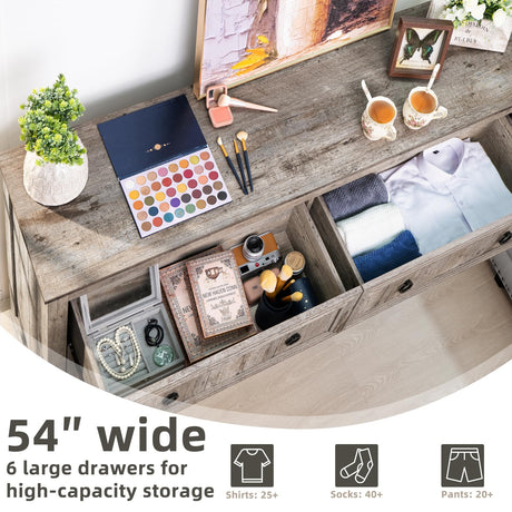 Joaxswe Farmhouse 6 Drawers Dresser for Bedroom, 54 Inch Wide Wood Dresser Chest of Drawers, Vintage Design TV Stand, Rustic Storage Dressers Organizer for Bedroom, Living Room, Hallway-Oak Joaxswe
