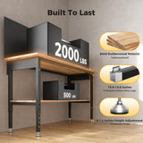 CAMMOO 60" Work Bench Adjustable Height with Storage Shelf, Max Load 2000 LBS Heavy Duty Rubberwood Tabletop with Pegboard, LED Light, Built-in Power Strip for Woodworking Shop, Garage, Home CAMMOO